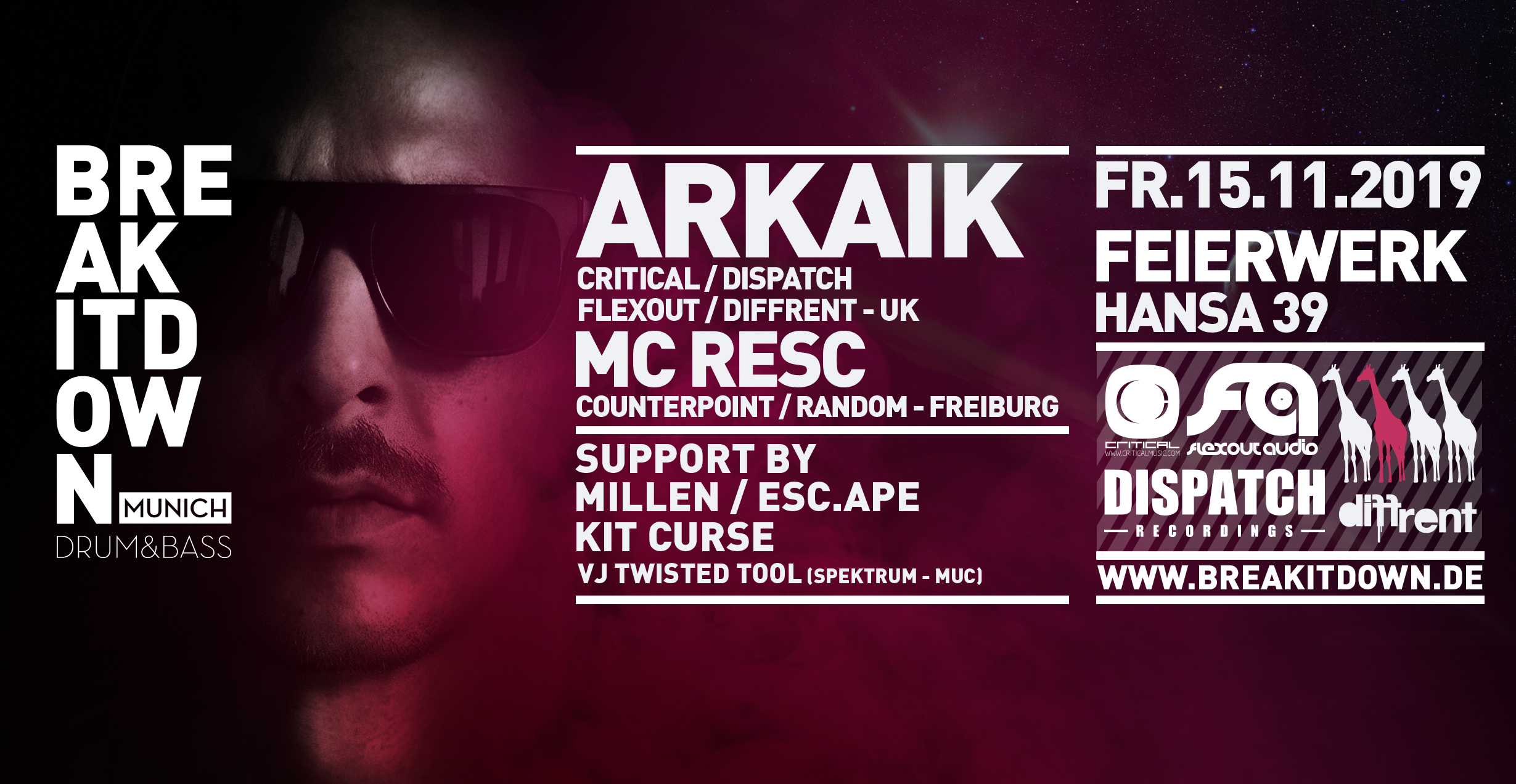 Poster: 15.11.19 BREAK IT DOWN pres. ARKAIK & MC RESC (CRITICAL / DISPATCH)