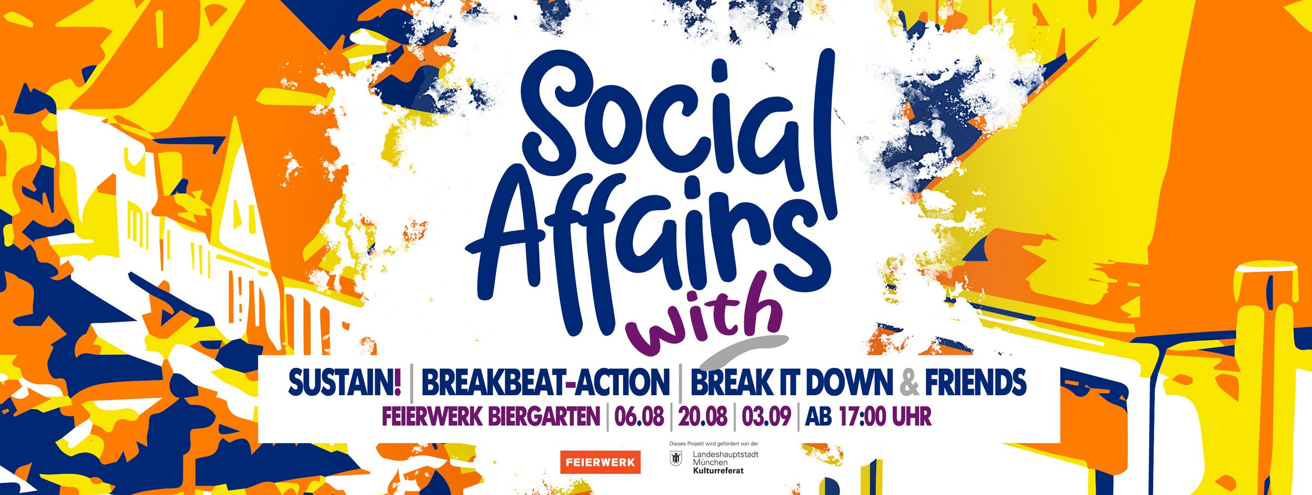 Poster: Social Affairs feat. Sustain! | BreakBeat-Action | Break it Down | Friends